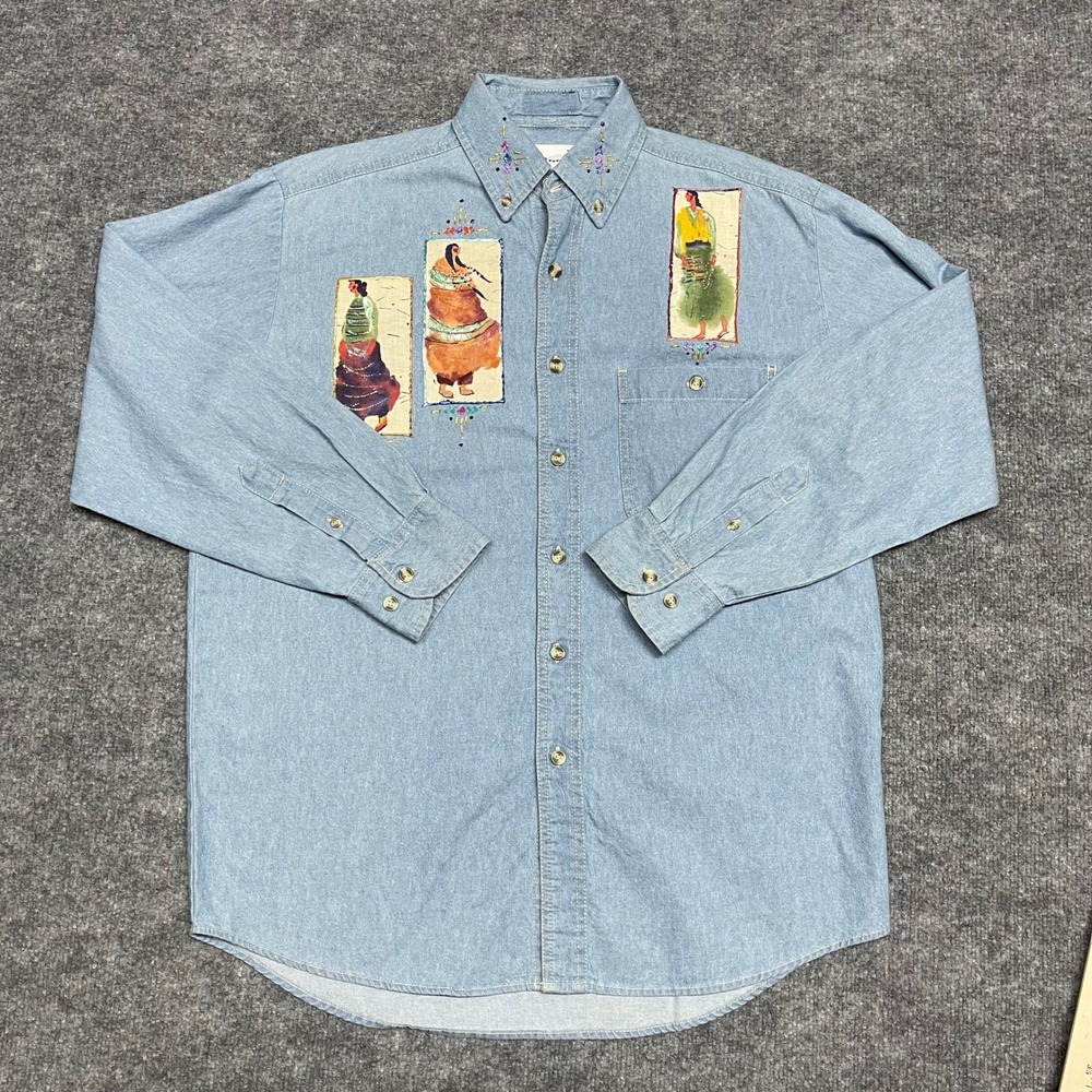 Native American Tribal Painted Graphic Shirt Womens Medium Blue Denim Button Up